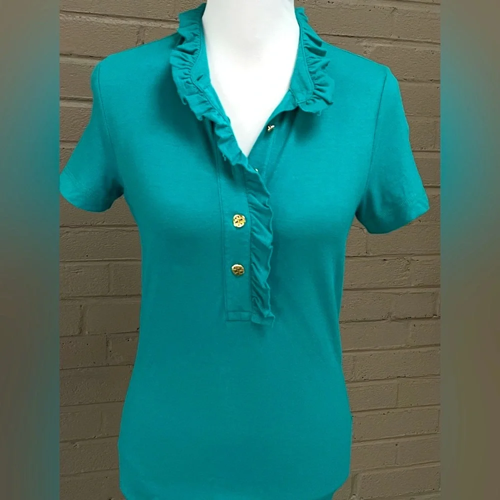 Tory Burch  blue ruffled front top  S - Picture 2 of 13